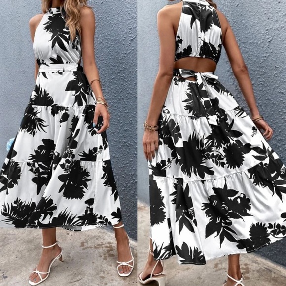 Dresses & Skirts - Boho floral plants cutout back ruffle hem dress